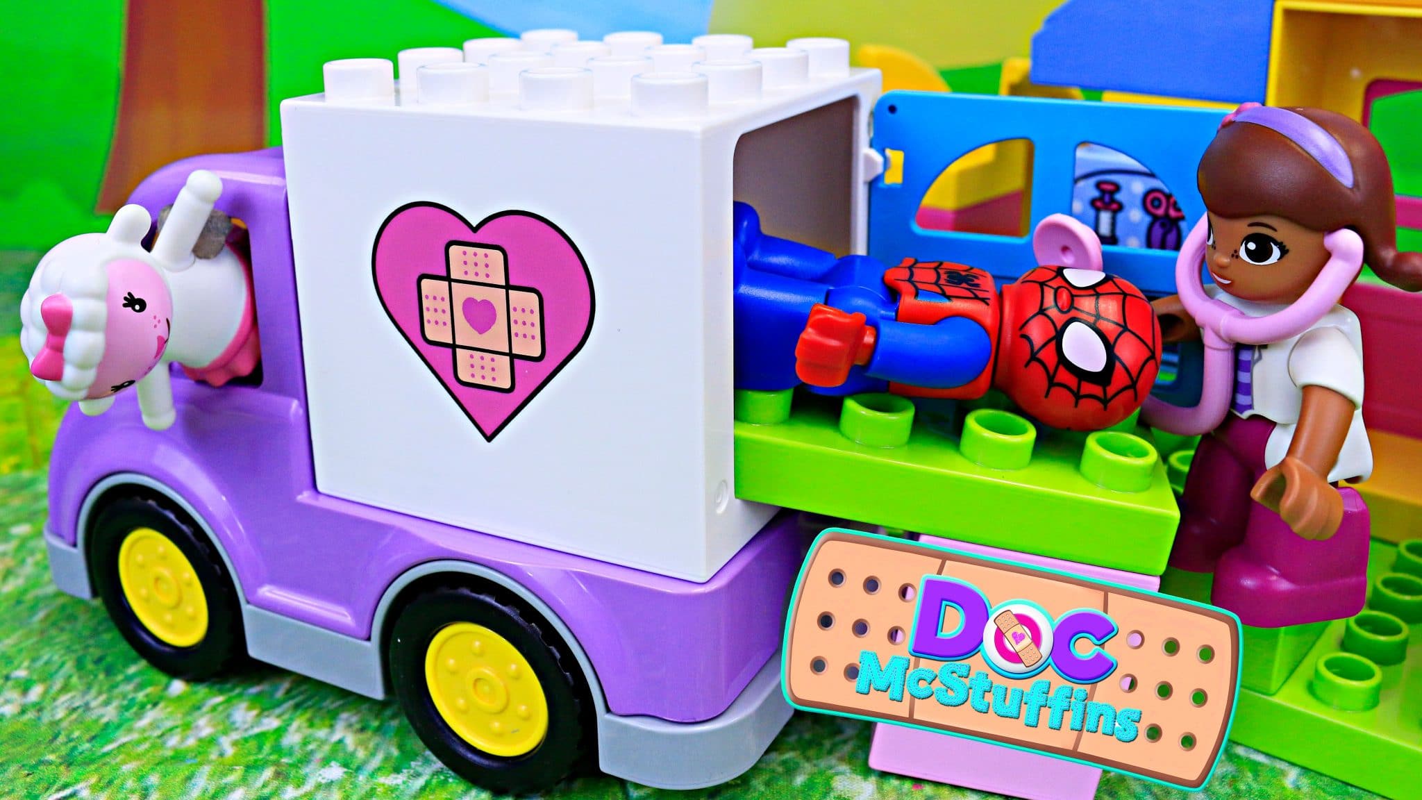 Doc McStuffins Duplo Lego Ambulance with Superheroes Superman and Batman with Spiderman